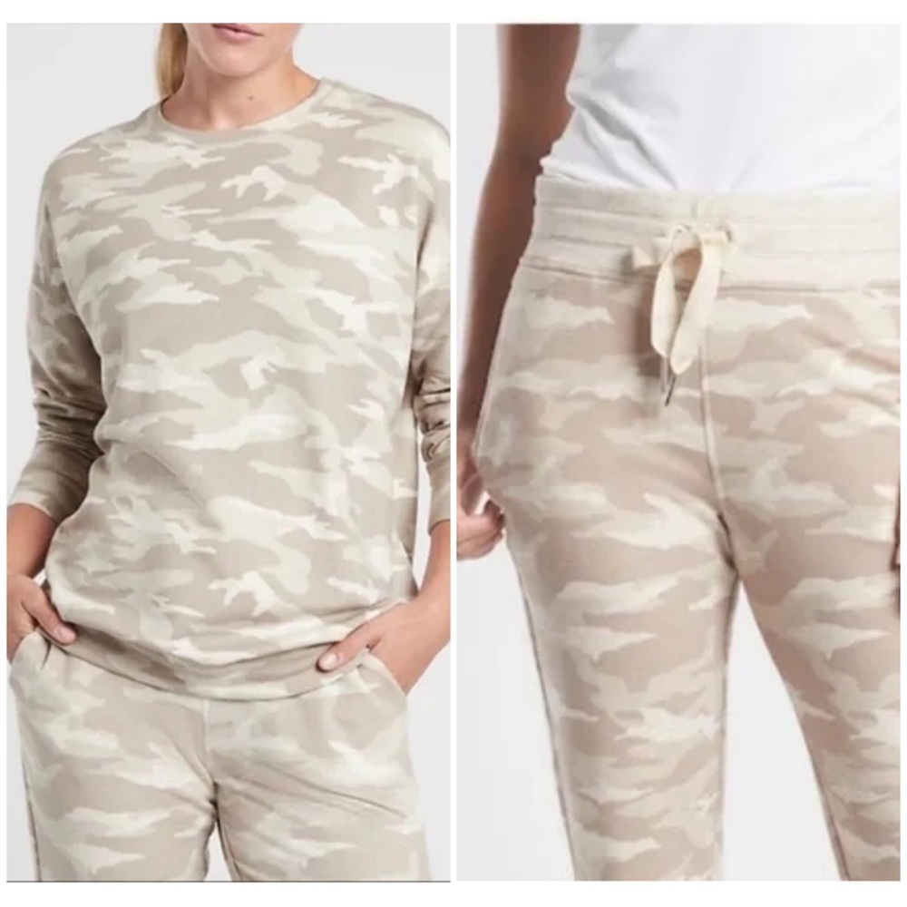 ATHLETA Balance Matching Camo Jogger & Sweatshirt Set L/XL Heather Oatmeal VGC